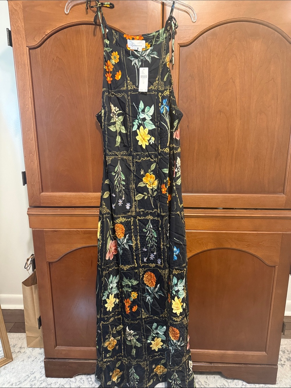 Anthropologie Black Floral Maxi Dress with Yellow & Orange Flowers